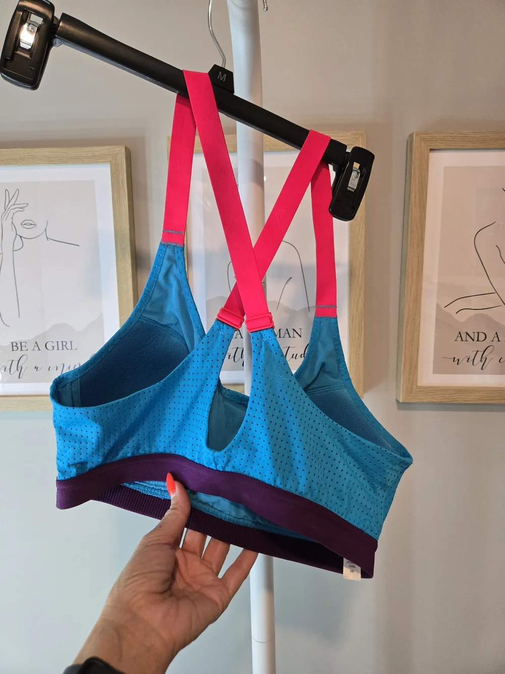 Victoria's Secret Blue Sports Bra with Pink Straps and Purple Band
